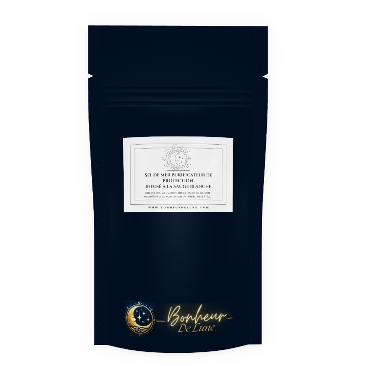 Sel de Mer purificateur protection maison – infusé sauge blanche – Nettoyage Énergétique et rechargement pierres naturelles – Rituel bien-être simple sans fumée – 100g / 200g – Bonheur de Lune