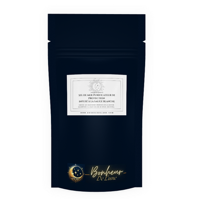 Sel de Mer purificateur protection maison – infusé sauge blanche – Nettoyage Énergétique et rechargement pierres naturelles – Rituel bien-être simple sans fumée – 100g / 200g – Bonheur de Lune