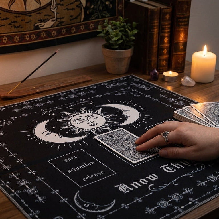 Tapis de Tirage de Cartes Noir & Blanc – Lune Soleil Passé Présent Futur 49x49 cm